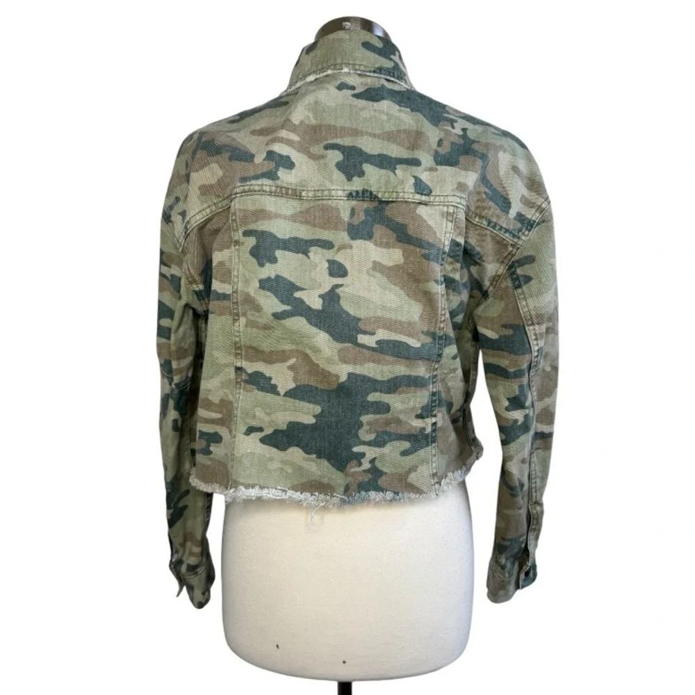 Free People Camo Cropped Jean Jacket in Green & Tan - Picture 3 of 13